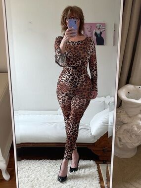 FASHION NOVA BROWN BLACK LEOPARD PANT SET BODYSUIT SKINNY LEG PANTS SHEER
